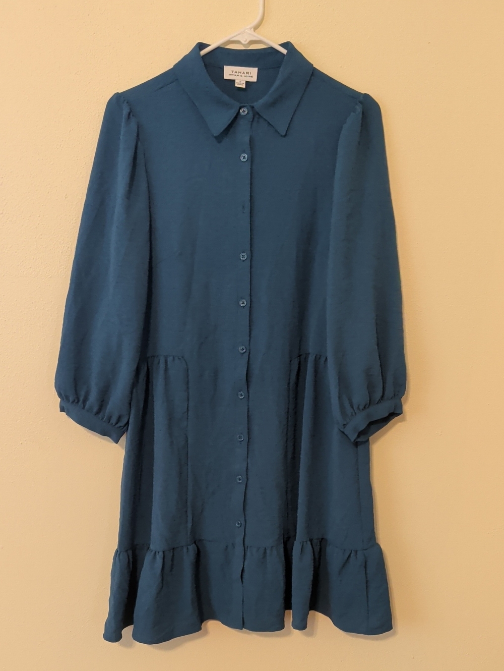 Tahari Teal Button-Front Ruffle Dress